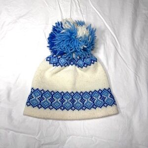 Blue and White Kids Pom-Pom Beanie